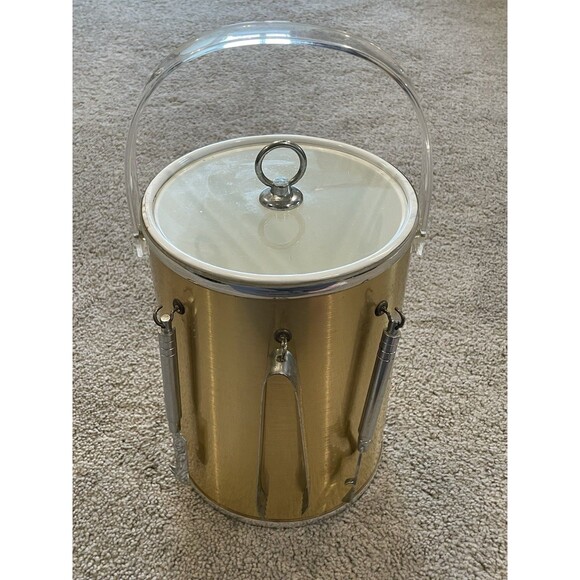 Ice Bucket Brushed Gold Silver Clear Lucite Handle & Lid 3 Tools Box Vintage - Picture 7 of 16